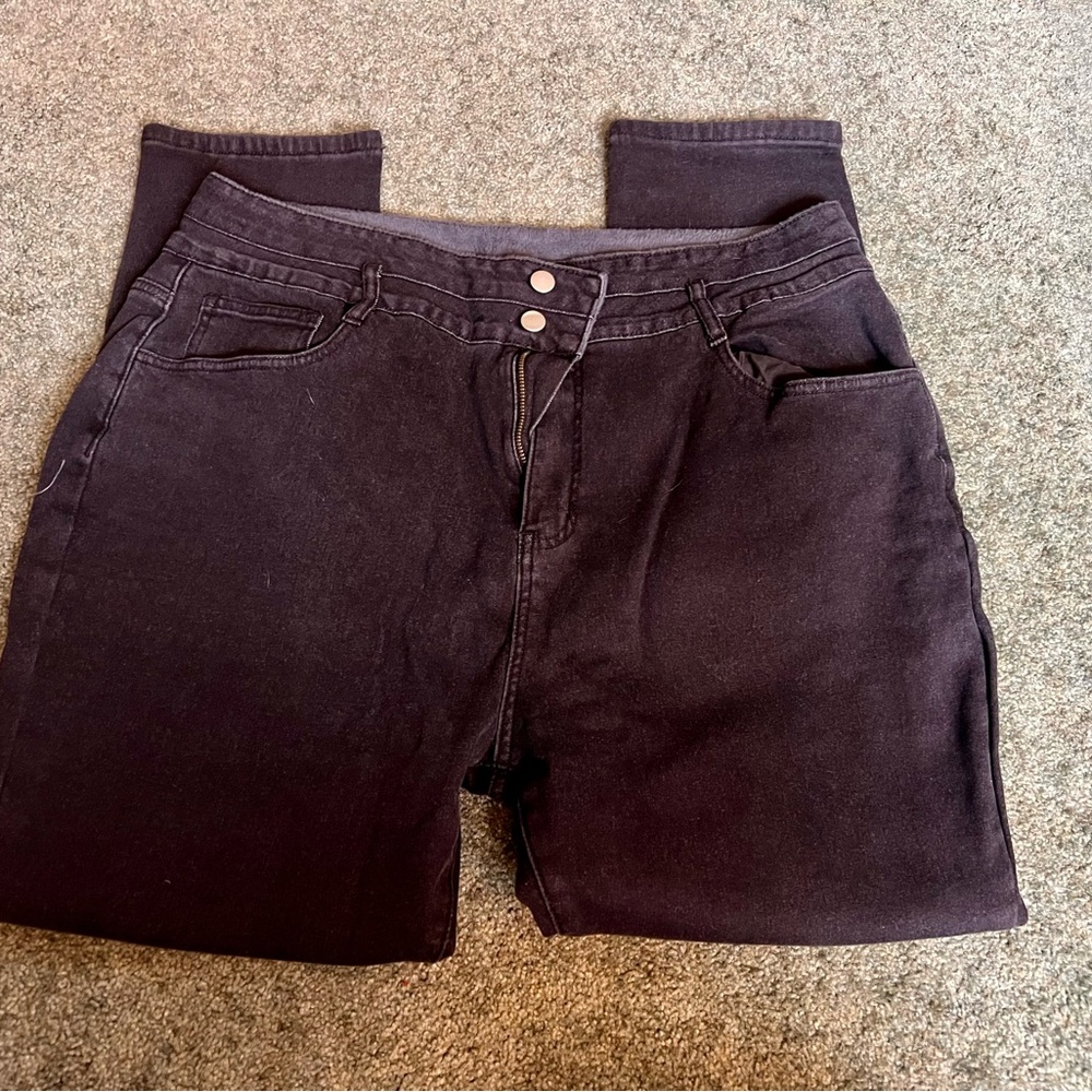 Thermal Lined Button Front Zip Fly Black Skinny Jeans